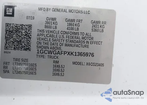 2019 Chevrolet Express 2500 Work Van из США, поврежденный, VIN 1GCWGAFPXK1365976